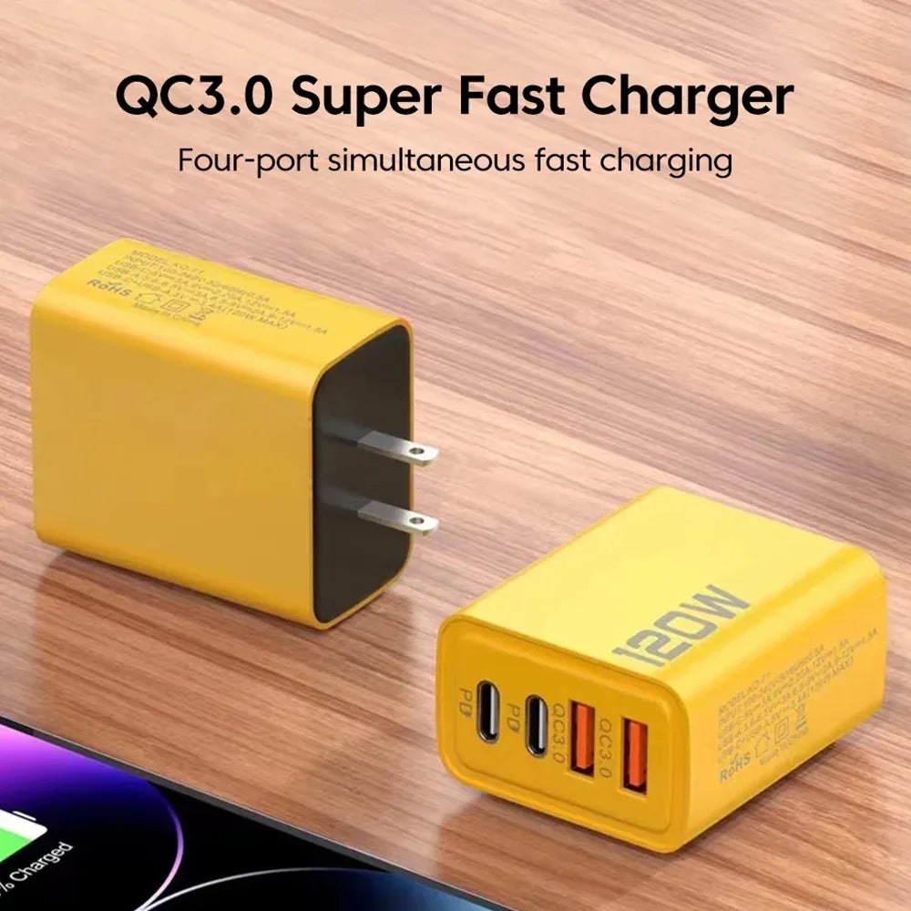 Total 120W 4 Port USB Charger Type C Fast Charge Mobile Phone Adapter