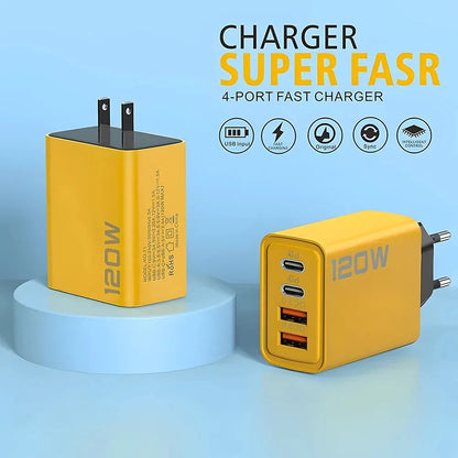Total 120W 4 Port USB Charger Type C Fast Charge Mobile Phone Adapter